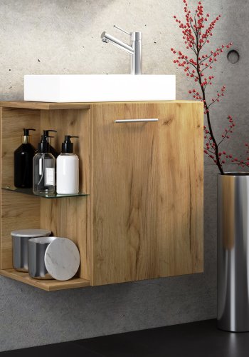 VCM NORDIC Hausa 2-delt gstevaskeplads, m. hndvask, 1 lge, 1 glashylde - keramik og natur tr