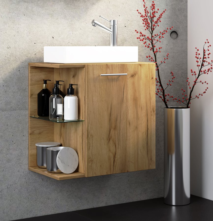 VCM NORDIC Hausa 2-delt gstevaskeplads, m. hndvask, 1 lge, 1 glashylde - keramik og natur tr