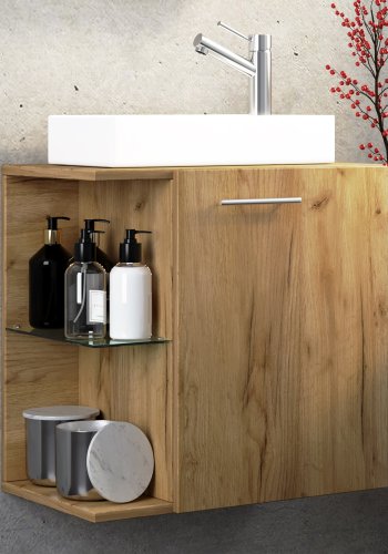 VCM NORDIC Hausa 2-delt gstevaskeplads, m. hndvask, 1 lge, 1 glashylde - keramik og natur tr