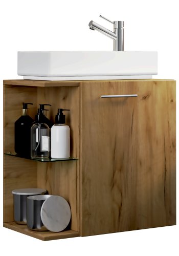 VCM NORDIC Hausa 2-delt gstevaskeplads, m. hndvask, 1 lge, 1 glashylde - keramik og natur tr