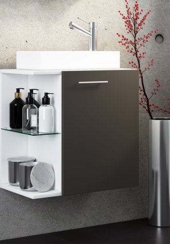 VCM NORDIC Hausa 2-delt gstevaskeplads, m. hndvask, 1 lge, 1 glashylde - hvid og antracitgr tr