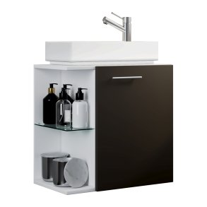 VCM NORDIC Hausa 2-delt gstevaskeplads, m. hndvask, 1 lge, 1 glashylde - hvid og antracitgr tr