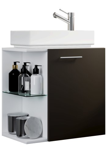 VCM NORDIC Hausa 2-delt gstevaskeplads, m. hndvask, 1 lge, 1 glashylde - hvid og antracitgr tr