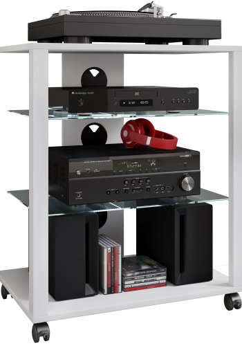 VCM NORDIC Folas Hi-fi og TV-bord, m. 2 glashylder og hjul - hvid tr (60x41)