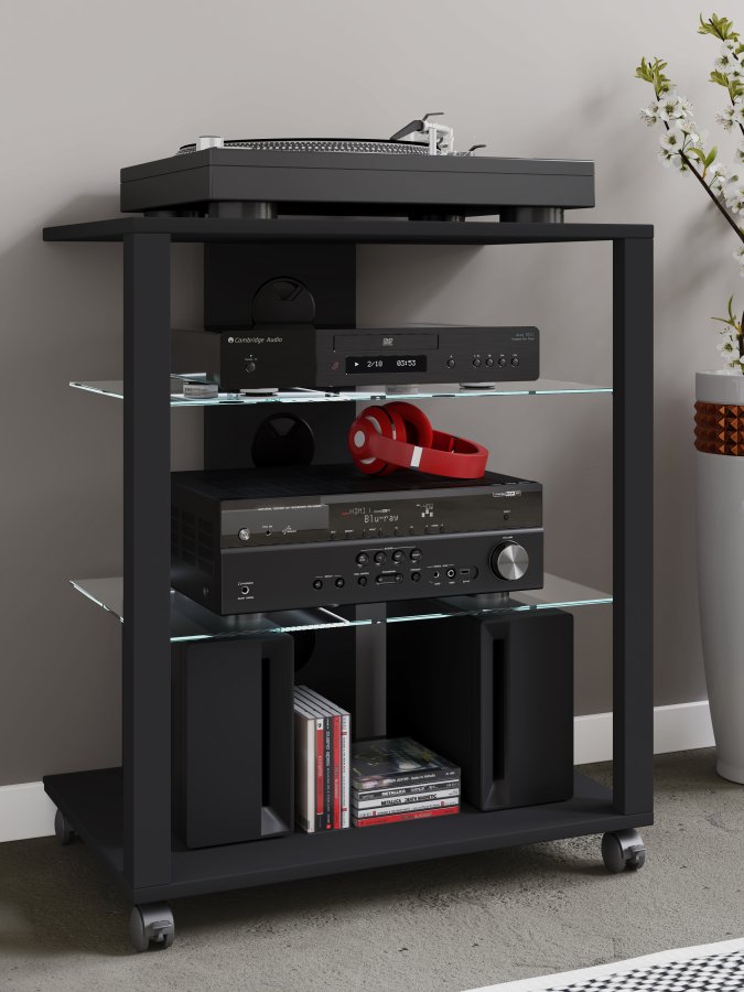 VCM NORDIC Folas Hi-fi og TV-bord, m. 2 glashylder og hjul - sort tr (60x41)