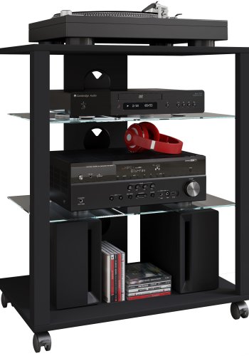 VCM NORDIC Folas Hi-fi og TV-bord, m. 2 glashylder og hjul - sort tr (60x41)