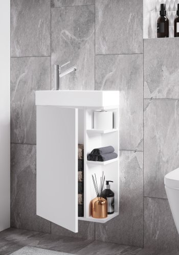 VCM NORDIC Lumia 2-delt gstevaskeplads, m. hndvask, 1 lge, 3 hylder - keramik og hvid tr