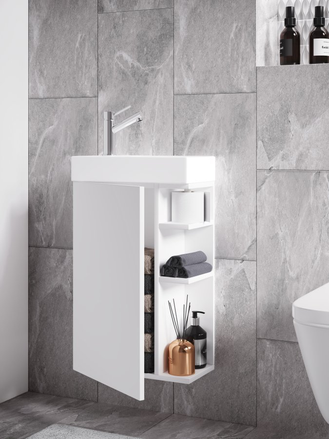 VCM NORDIC Lumia 2-delt gstevaskeplads, m. hndvask, 1 lge, 3 hylder - keramik og hvid tr