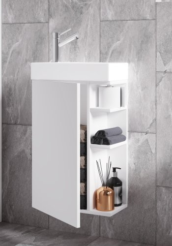 VCM NORDIC Lumia 2-delt gstevaskeplads, m. hndvask, 1 lge, 3 hylder - keramik og hvid tr