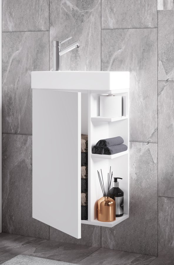 VCM NORDIC Lumia 2-delt gstevaskeplads, m. hndvask, 1 lge, 3 hylder - keramik og hvid tr