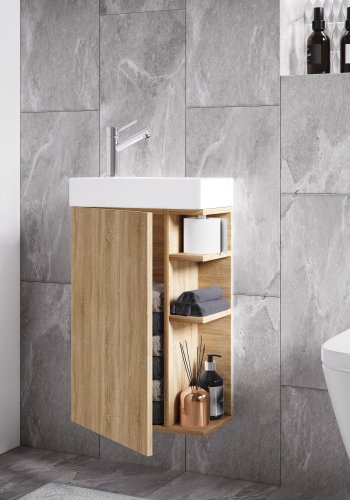 VCM NORDIC Lumia 2-delt gstevaskeplads, m. hndvask, 1 lge, 3 hylder - keramik og natur tr