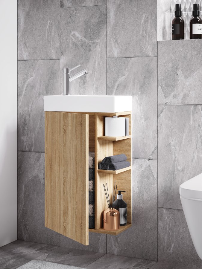 VCM NORDIC Lumia 2-delt gstevaskeplads, m. hndvask, 1 lge, 3 hylder - keramik og natur tr