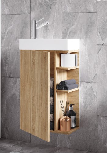 VCM NORDIC Lumia 2-delt gstevaskeplads, m. hndvask, 1 lge, 3 hylder - keramik og natur tr