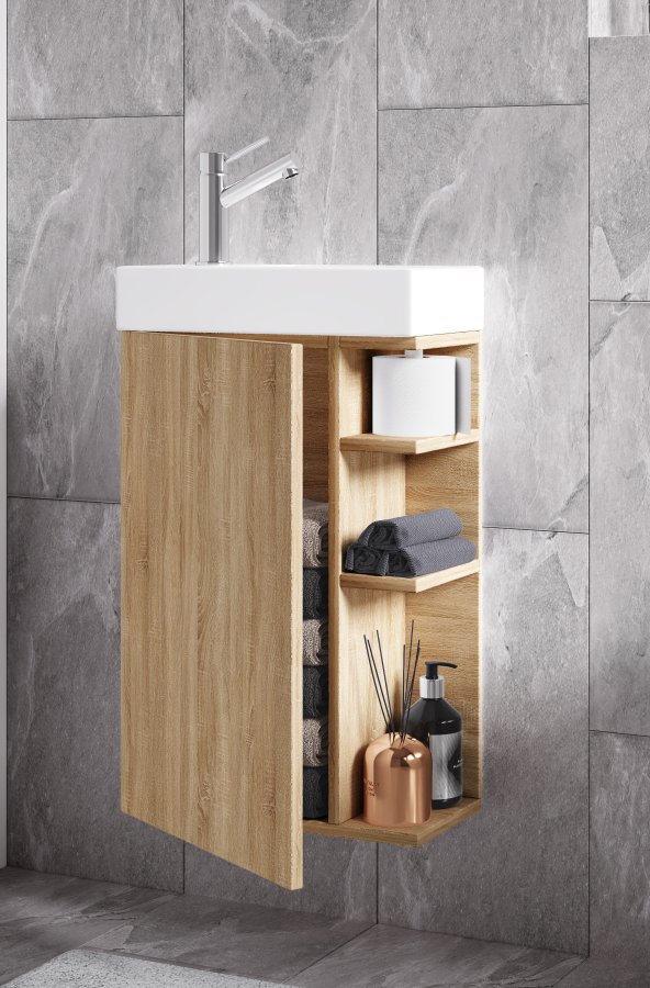 VCM NORDIC Lumia 2-delt gstevaskeplads, m. hndvask, 1 lge, 3 hylder - keramik og natur tr