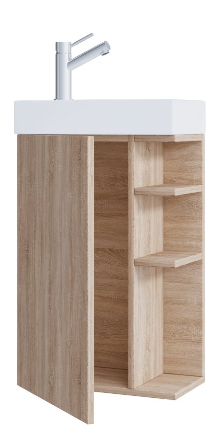 VCM NORDIC Lumia 2-delt gstevaskeplads, m. hndvask, 1 lge, 3 hylder - keramik og natur tr