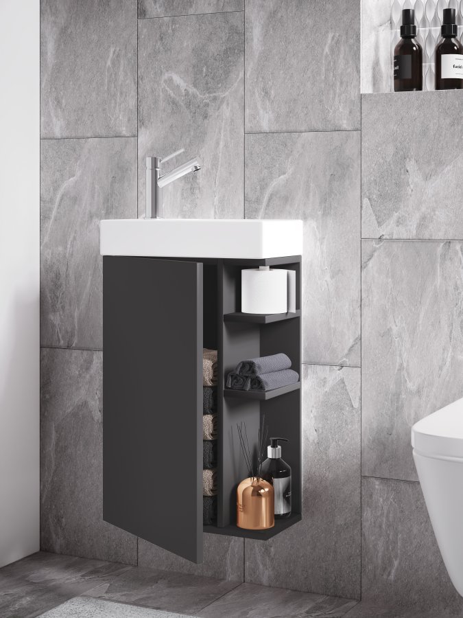 VCM NORDIC Lumia 2-delt gstevaskeplads, m. hndvask, 1 lge, 3 hylder - keramik og antracitgr tr