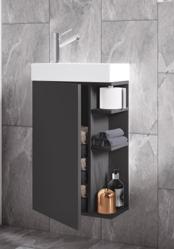 VCM NORDIC Lumia 2-delt gstevaskeplads, m. hndvask, 1 lge, 3 hylder - keramik og antracitgr tr
