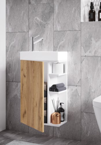 VCM NORDIC Lumia 2-delt gstevaskeplads, m. hndvask, 1 lge, 3 hylder - keramik og hvid og naturtr