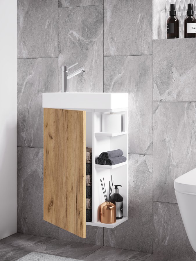 VCM NORDIC Lumia 2-delt gstevaskeplads, m. hndvask, 1 lge, 3 hylder - keramik og hvid og naturtr