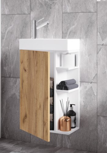 VCM NORDIC Lumia 2-delt gstevaskeplads, m. hndvask, 1 lge, 3 hylder - keramik og hvid og naturtr