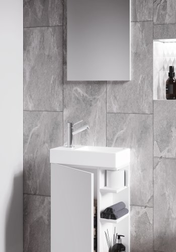 VCM NORDIC Lumia 3-delt gstevaskeplads, m. spejl, hndvask, 1 lge, 2 hylder -  keramik og hvid tr