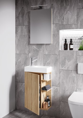 VCM NORDIC Lumia 3-delt gstevaskeplads, m. spejl, hndvask, 1 lge, 2 hylder - keramik og natur tr