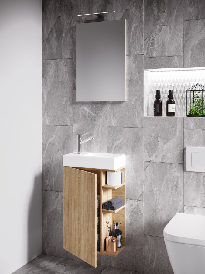 VCM NORDIC Lumia 3-delt gstevaskeplads, m. spejl, hndvask, 1 lge, 2 hylder - keramik og natur tr