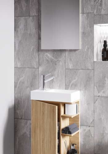 VCM NORDIC Lumia 3-delt gstevaskeplads, m. spejl, hndvask, 1 lge, 2 hylder - keramik og natur tr