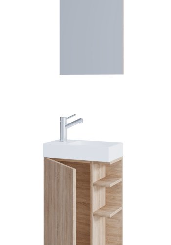 VCM NORDIC Lumia 3-delt gstevaskeplads, m. spejl, hndvask, 1 lge, 2 hylder - keramik og natur tr