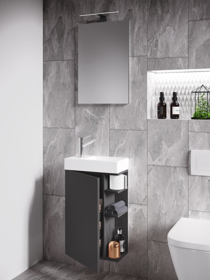 VCM NORDIC Lumia 3-delt gstevaskeplads, m. spejl, hndvask, 1 lge, 2 hylder - antracitgr tr