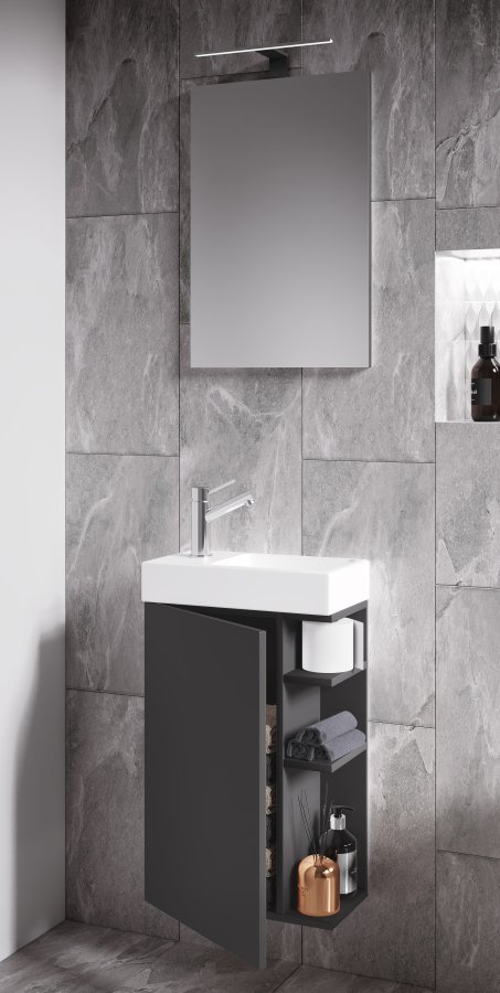 VCM NORDIC Lumia 3-delt gstevaskeplads, m. spejl, hndvask, 1 lge, 2 hylder - antracitgr tr