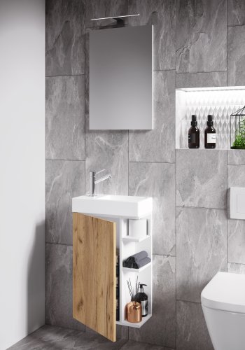 VCM NORDIC Lumia 3-delt gstevaskeplads, m. spejl, hndvask, 1 lge, 2 hylder - hvid og natur tr