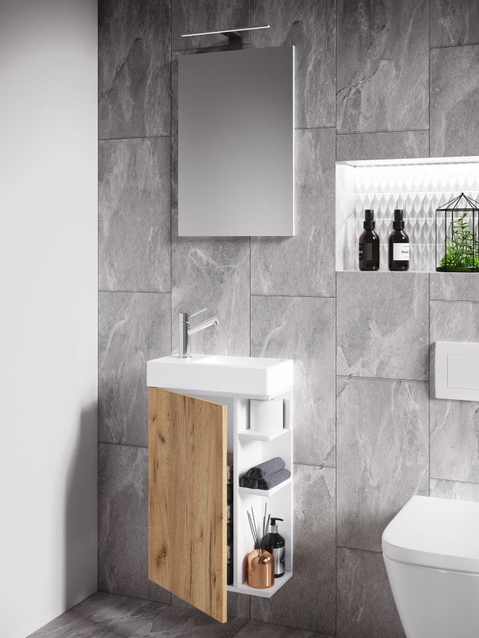 VCM NORDIC Lumia 3-delt gstevaskeplads, m. spejl, hndvask, 1 lge, 2 hylder - hvid og natur tr