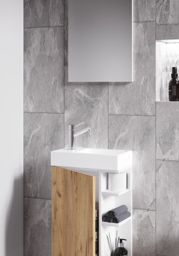 VCM NORDIC Lumia 3-delt gstevaskeplads, m. spejl, hndvask, 1 lge, 2 hylder - hvid og natur tr