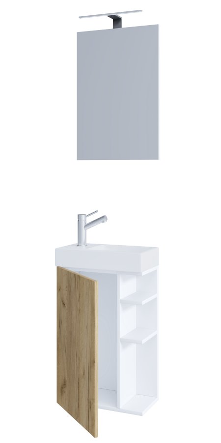 VCM NORDIC Lumia 3-delt gstevaskeplads, m. spejl, hndvask, 1 lge, 2 hylder - hvid og natur tr