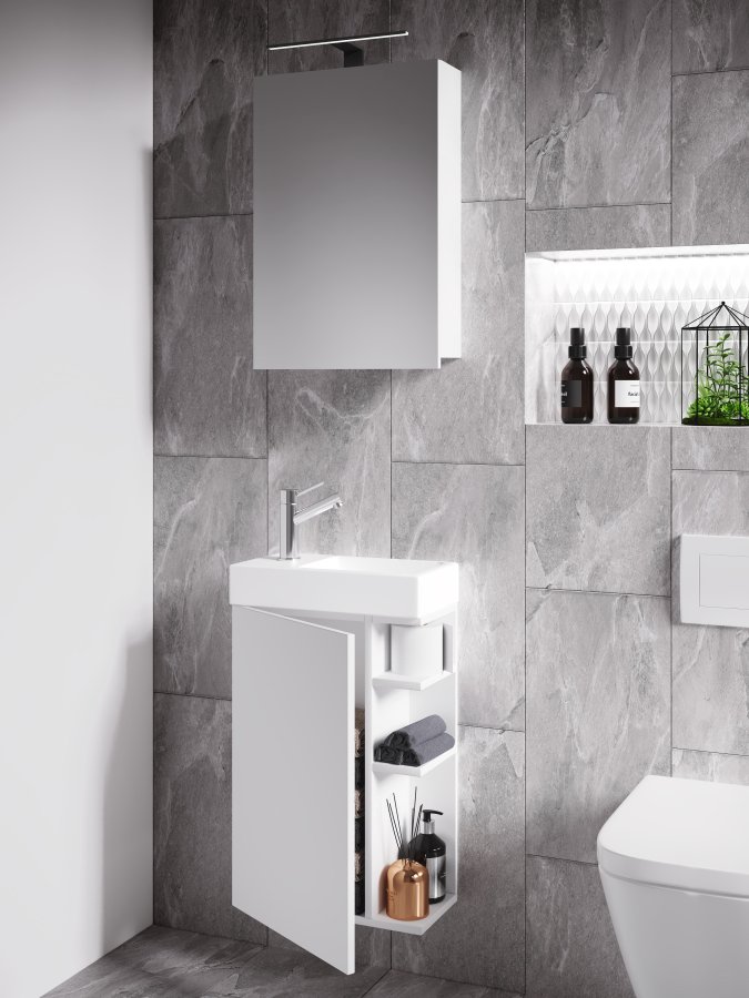 VCM NORDIC Lumia 3-delt gstevaskeplads, m. spejlskab, hndvask, 1 lge, 2 hylder - hvid tr