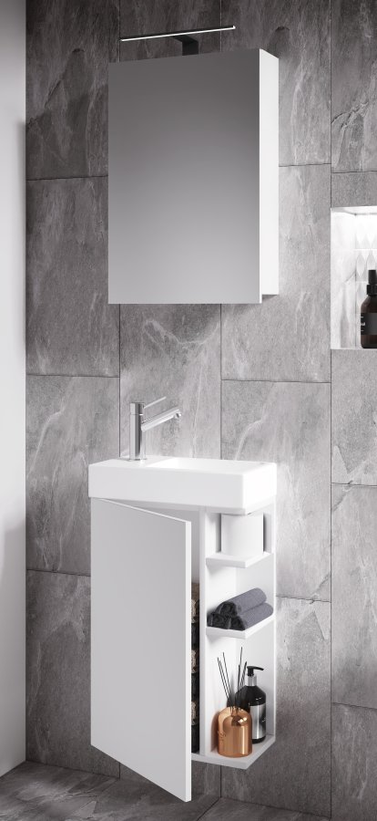 VCM NORDIC Lumia 3-delt gstevaskeplads, m. spejlskab, hndvask, 1 lge, 2 hylder - hvid tr