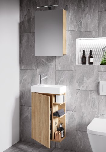 VCM NORDIC Lumia 3-delt gstevaskeplads, m. spejlskab, hndvask, 1 lge, 2 hylder - natur tr