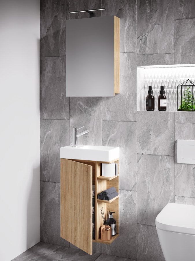 VCM NORDIC Lumia 3-delt gstevaskeplads, m. spejlskab, hndvask, 1 lge, 2 hylder - natur tr