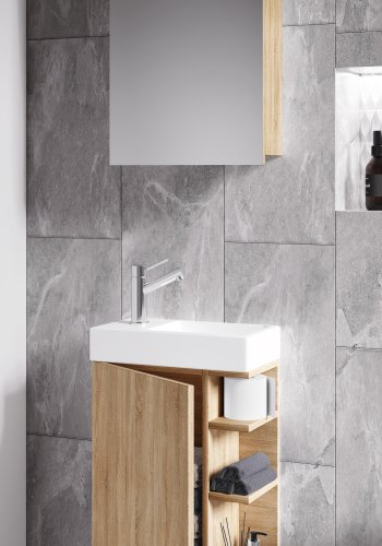 VCM NORDIC Lumia 3-delt gstevaskeplads, m. spejlskab, hndvask, 1 lge, 2 hylder - natur tr