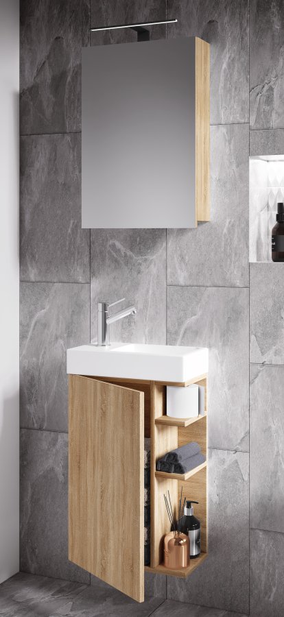 VCM NORDIC Lumia 3-delt gstevaskeplads, m. spejlskab, hndvask, 1 lge, 2 hylder - natur tr