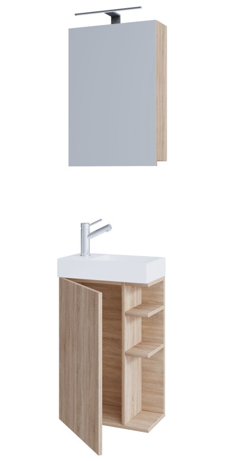 VCM NORDIC Lumia 3-delt gstevaskeplads, m. spejlskab, hndvask, 1 lge, 2 hylder - natur tr