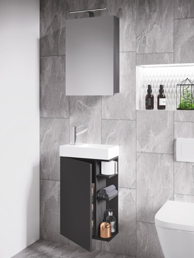 VCM NORDIC Lumia 3-delt gstevaskeplads, m. spejlskab, hndvask, 1 lge, 2 hylder - antracitgr tr