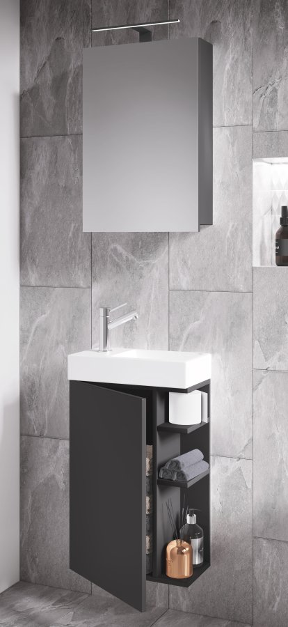 VCM NORDIC Lumia 3-delt gstevaskeplads, m. spejlskab, hndvask, 1 lge, 2 hylder - antracitgr tr