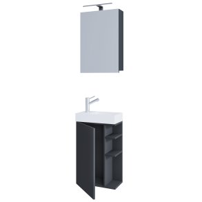 VCM NORDIC Lumia 3-delt gstevaskeplads, m. spejlskab, hndvask, 1 lge, 2 hylder - antracitgr tr