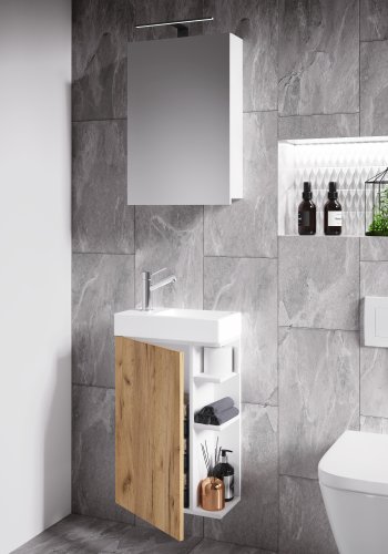 VCM NORDIC Lumia 3-delt gstevaskeplads, m. spejlskab, hndvask, 1 lge, 2 hylder - hvid/natur tr