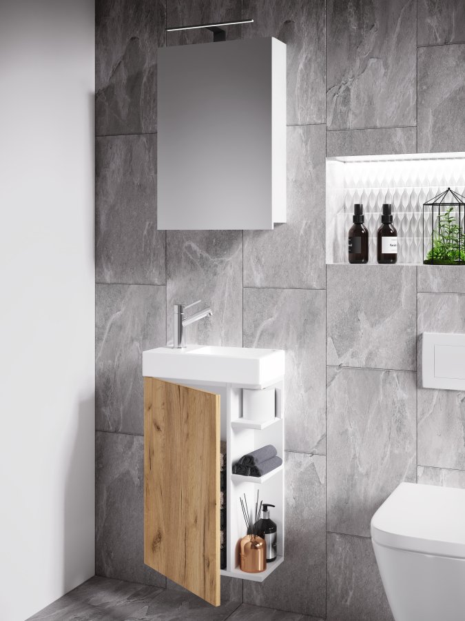 VCM NORDIC Lumia 3-delt gstevaskeplads, m. spejlskab, hndvask, 1 lge, 2 hylder - hvid/natur tr