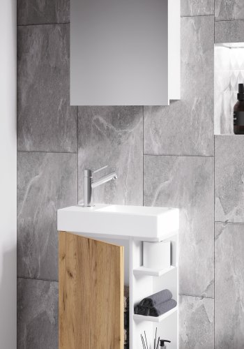 VCM NORDIC Lumia 3-delt gstevaskeplads, m. spejlskab, hndvask, 1 lge, 2 hylder - hvid/natur tr