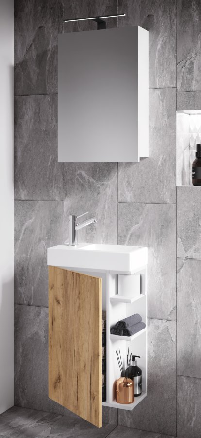 VCM NORDIC Lumia 3-delt gstevaskeplads, m. spejlskab, hndvask, 1 lge, 2 hylder - hvid/natur tr