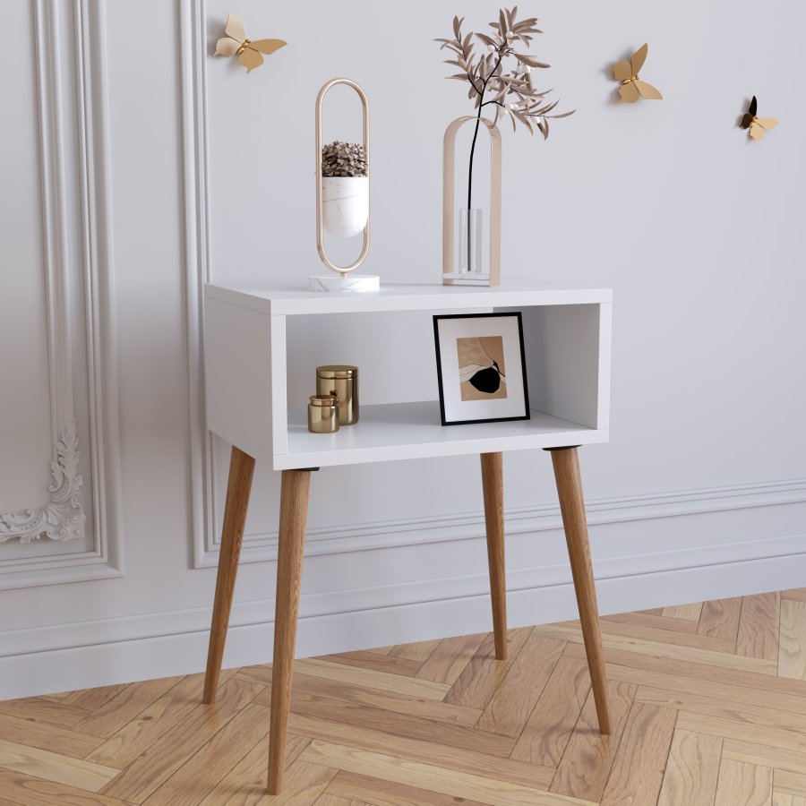 VCM NORDIC Singol M sengebord, m. 1 bent rum - hvid og natur tr (45x30)